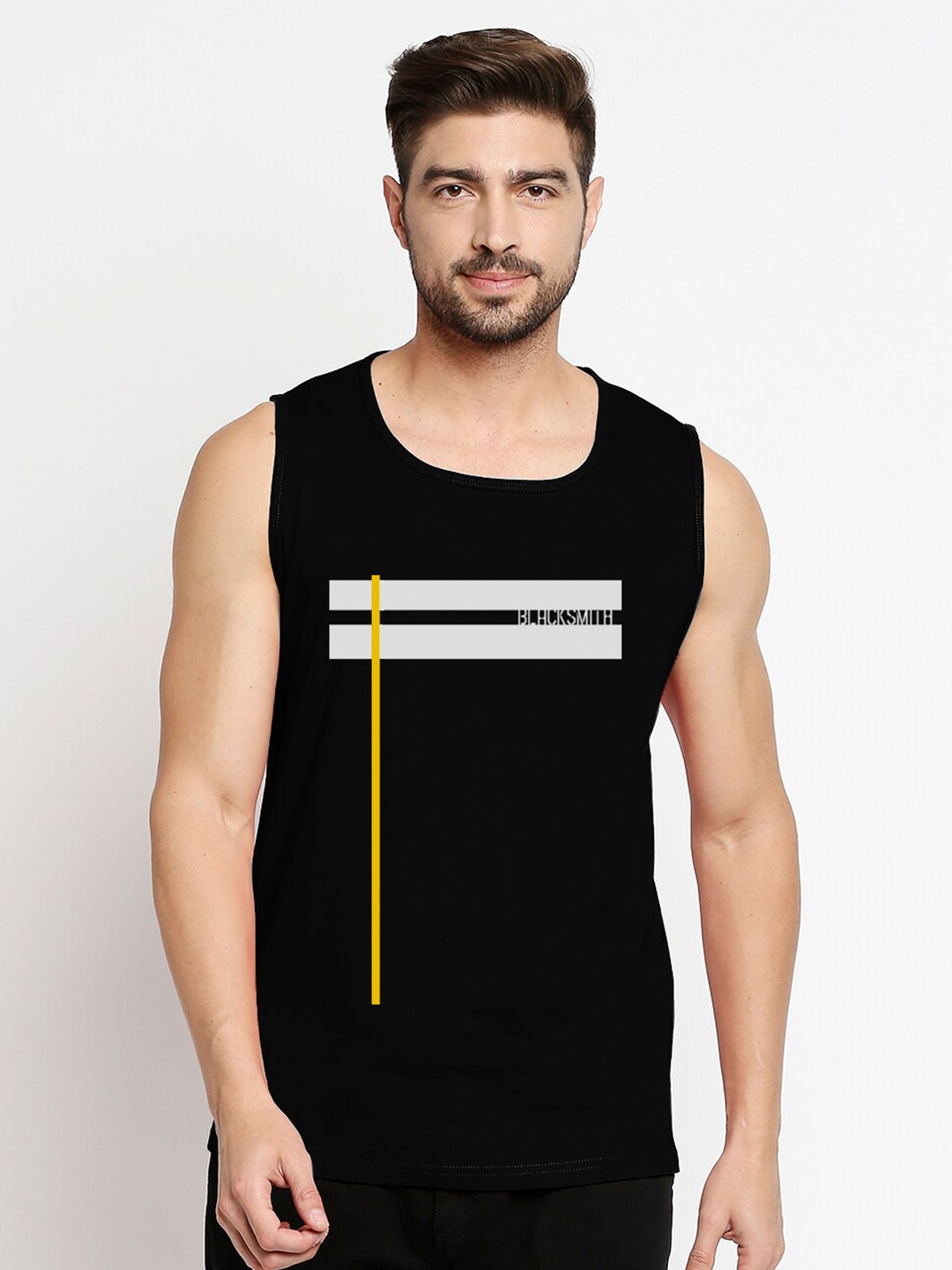 

Blacksmith Men Black Printed Sleeveless Training or Gym T-shirt