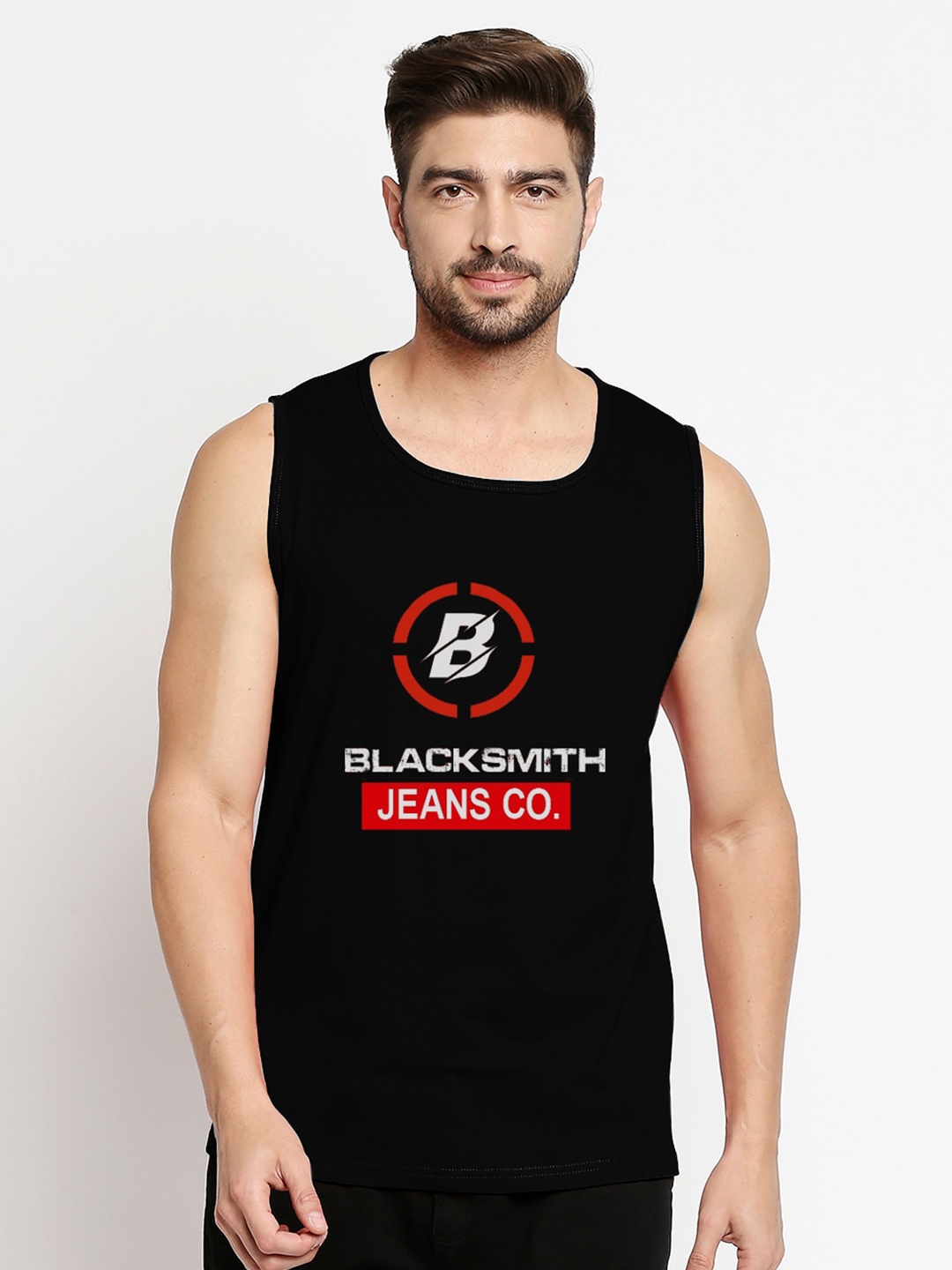 

Blacksmith Men Black Typography Printed Pure Cotton Training or Gym T-shirt