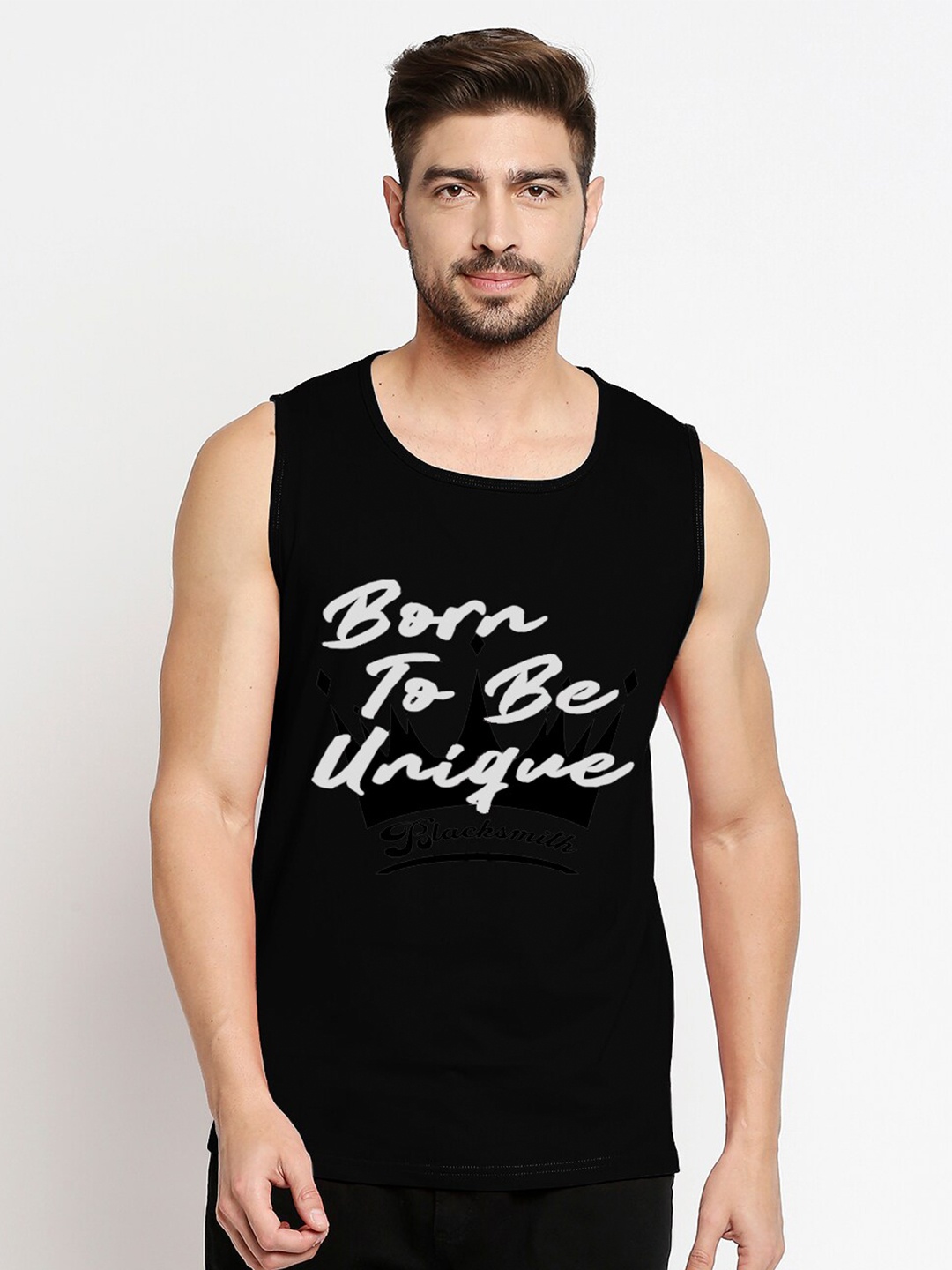 

Blacksmith Men Black & White Typography Printed Pure Cotton T-shirt
