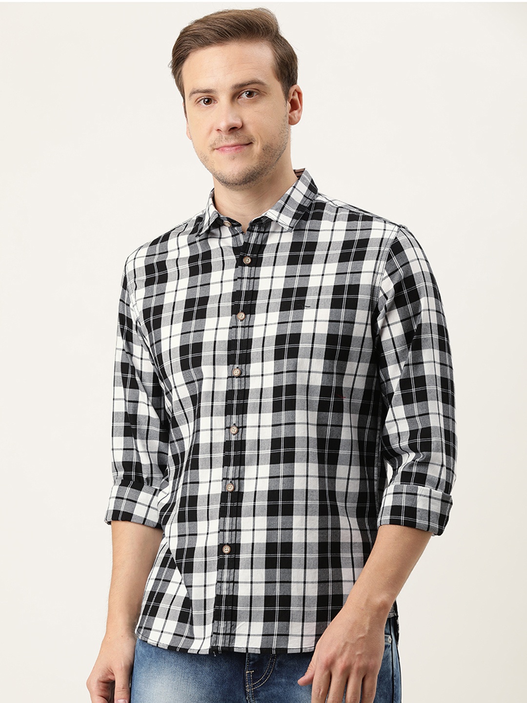 

Flying Machine Men Black & White Slim Fit Tartan Checks Casual Shirt