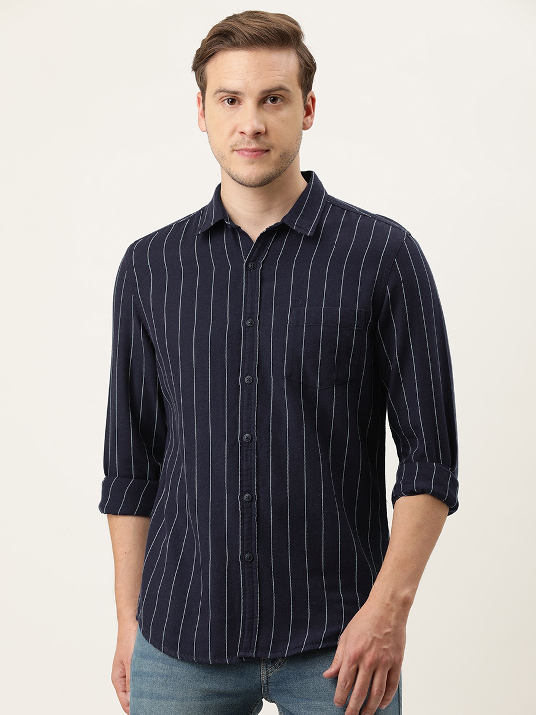 

Flying Machine Men Navy Blue Slim Fit Striped Casual Shirt