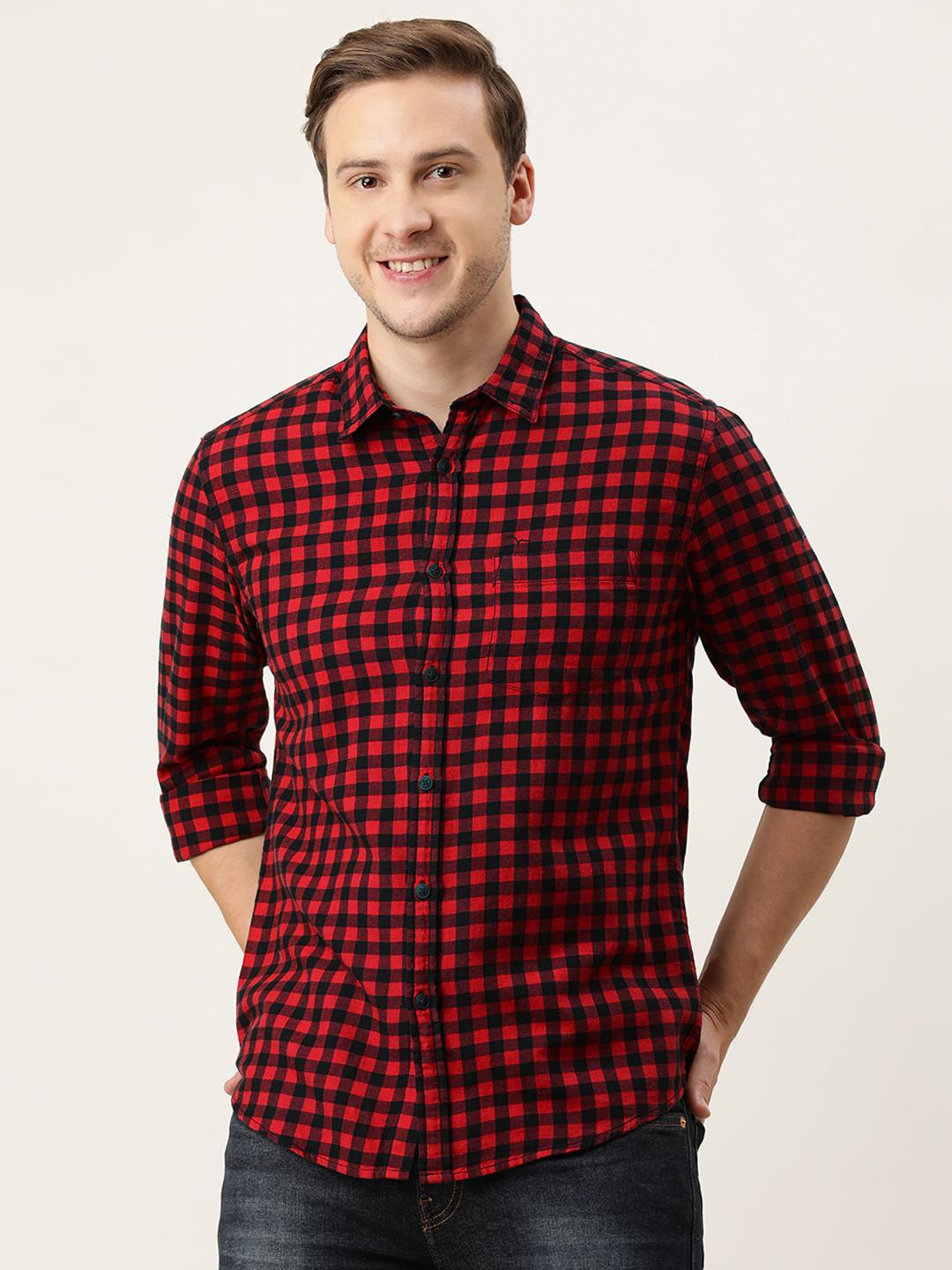 

Flying Machine Men Red Slim Fit Gingham Checks Casual Shirt