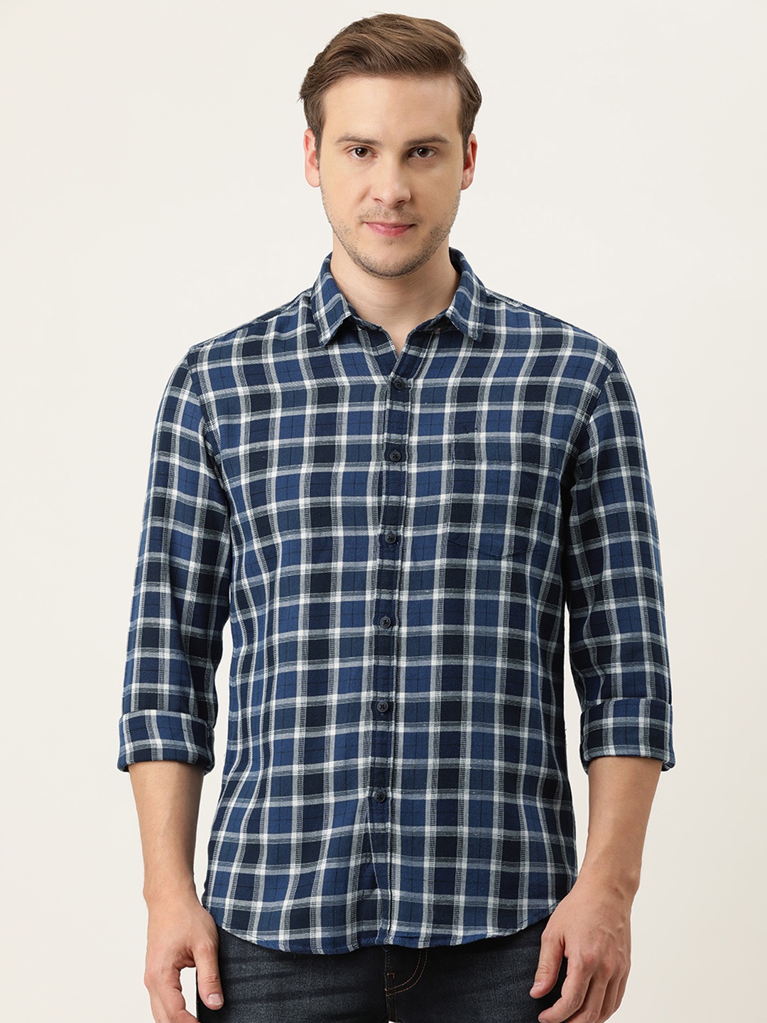 

Flying Machine Men Navy Blue& White Slim Fit Checked Casual Shirt