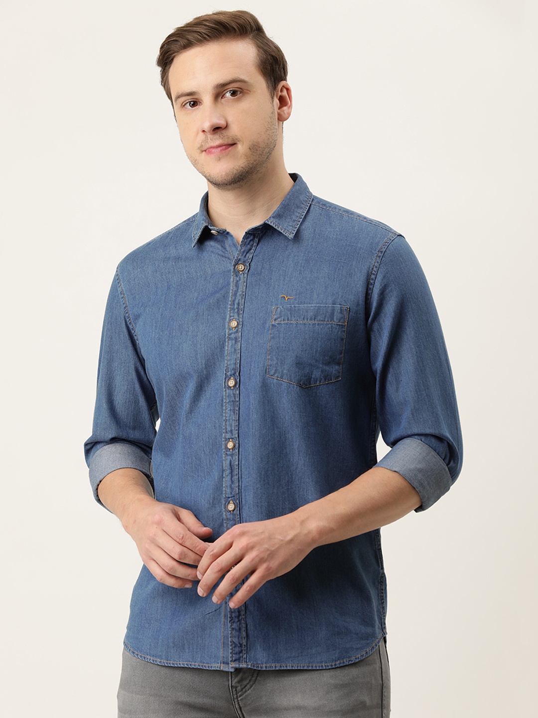 

Flying Machine Men Indigo Solid Slim Fit Casual Shirt, Blue