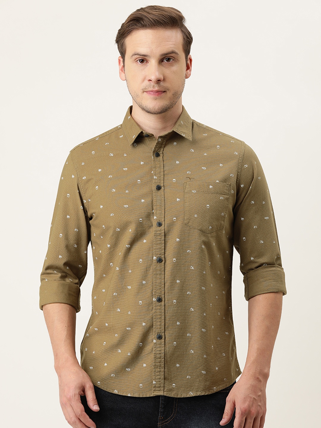 

Flying Machine Men Olive Green Slim Fit Conversational Printed Casual Shirt