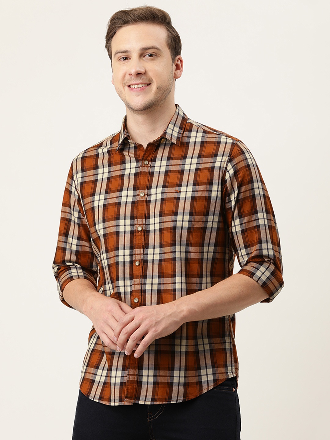 

Flying Machine Men Red And Grey Slim Fit Tartan Checked Pure Cotton Casual Shirt