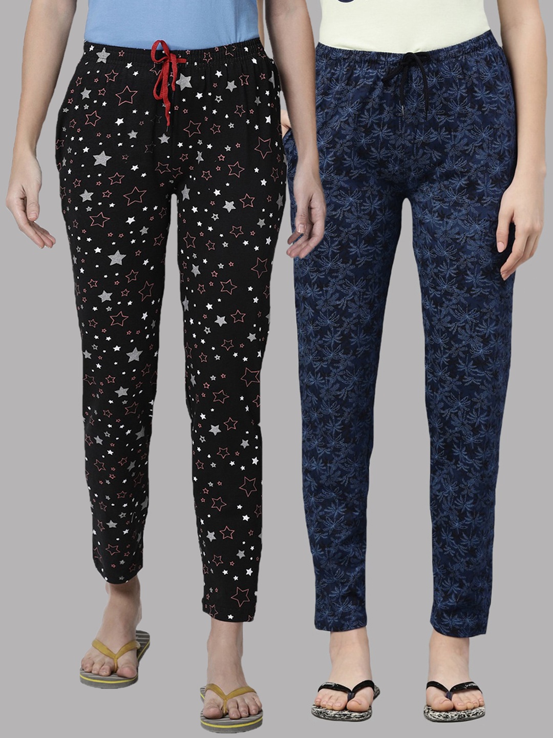 

Kryptic Women Pack of 2 Black & Navy Blue Printed Pure Cotton Lounge Pants