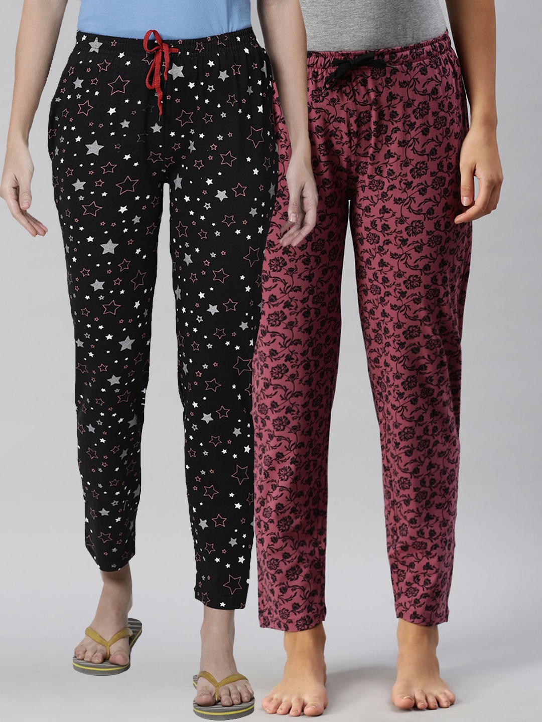 

Kryptic Women Pack Of 2 Black & Maroon Printed Pure Cotton Lounge Pant