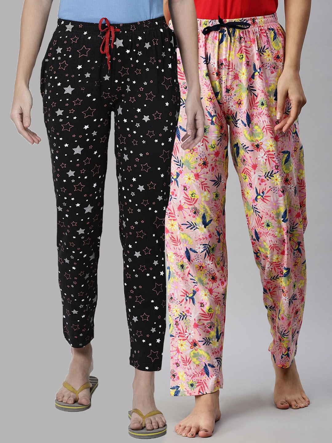 

Kryptic Women Pack of 2 Black & Pink Printed Mid Rise Cotton Lounge Pants