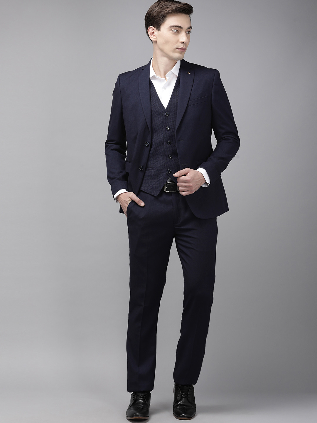 

Arrow Men Navy Blue Self Designed Tailored Fit Single Breasted 3 Piece Formal Suit