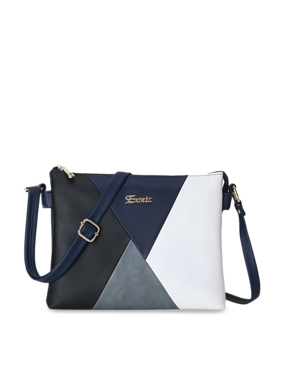 

Exotic Navy Blue & White Colourblocked Structured Sling Bag