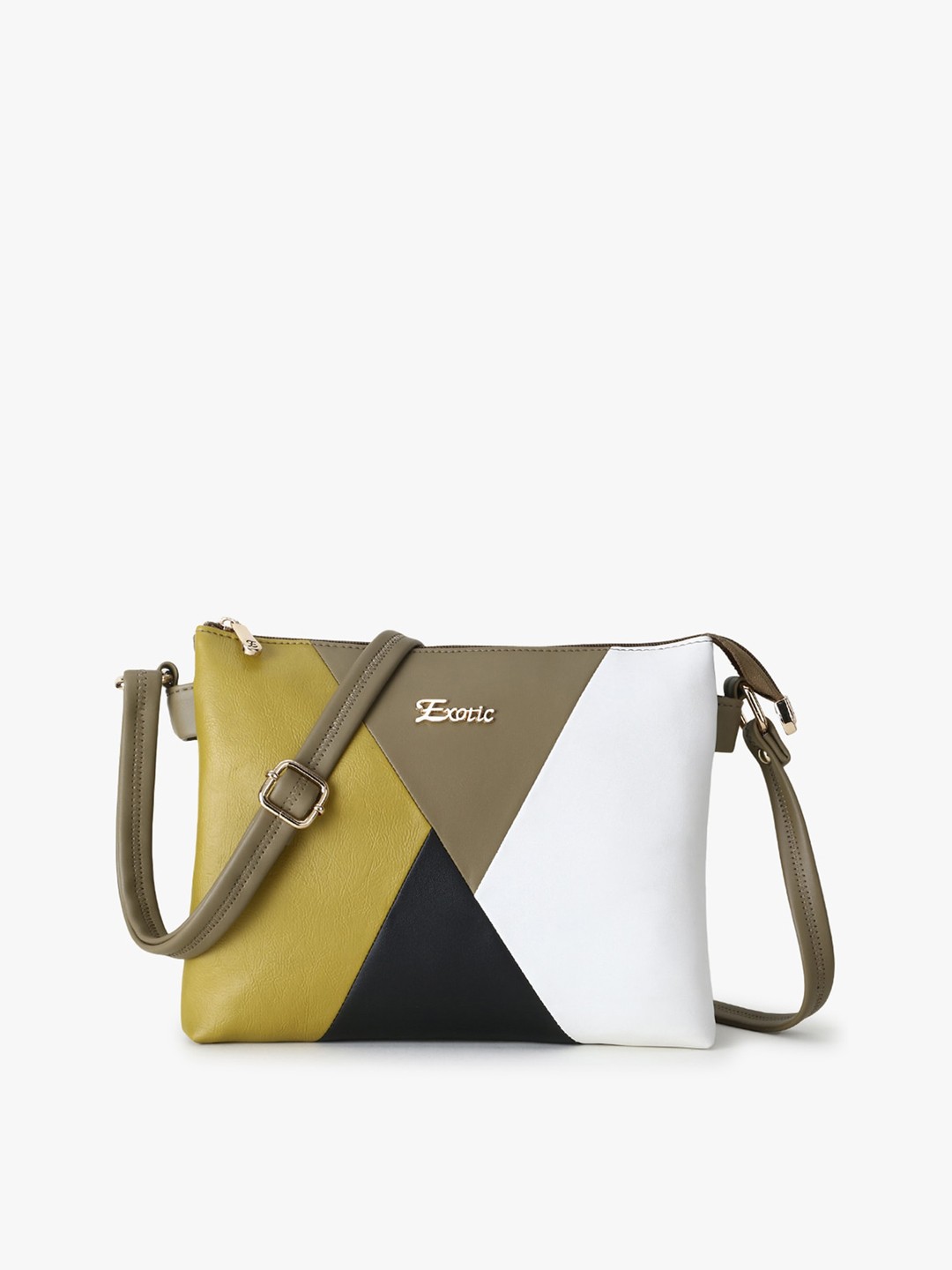 

Exotic Women Olive & White Colourblocked PU Structured Sling Bag