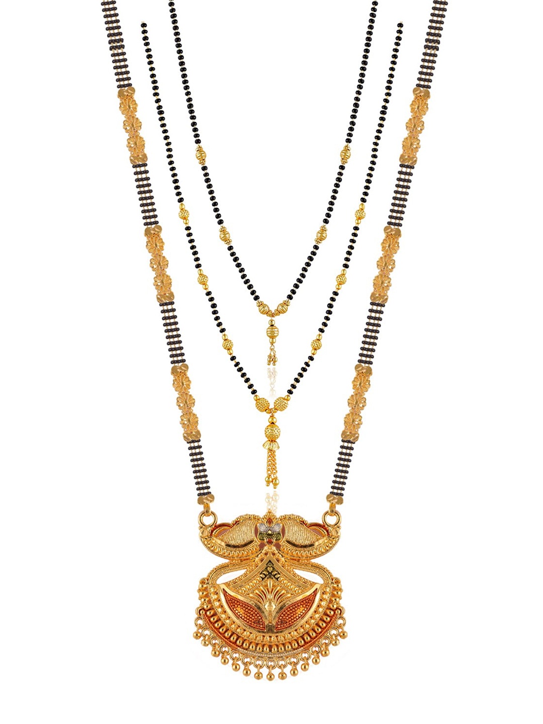 Brandsoon Set Of 3 Gold-Plated Black Beaded Mangalsutra