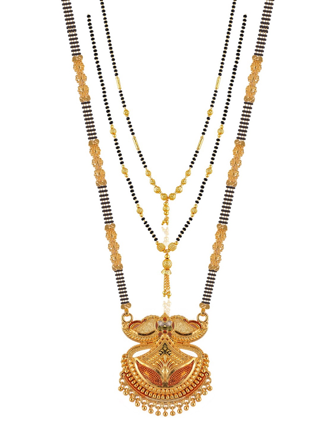 Brandsoon Set Of 3 Gold-Plated Black Beaded Mangalsutra