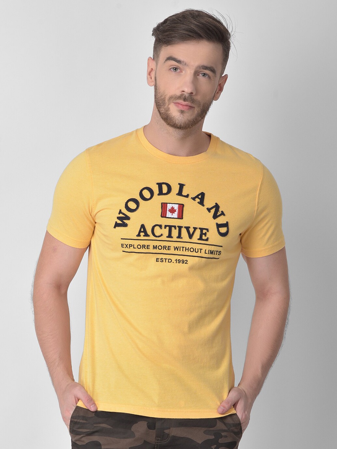 

Woodland Men Yellow Typography Applique T-shirt
