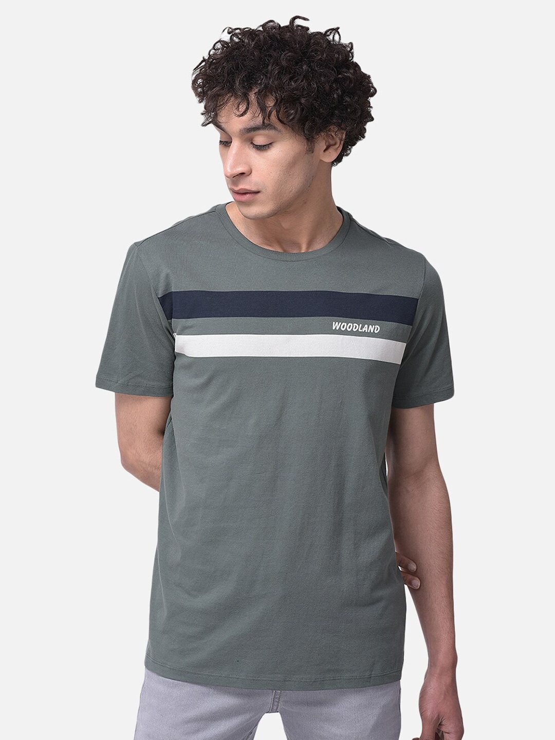

Woodland Men Cotton Grey & White Striped Printed T-shirt