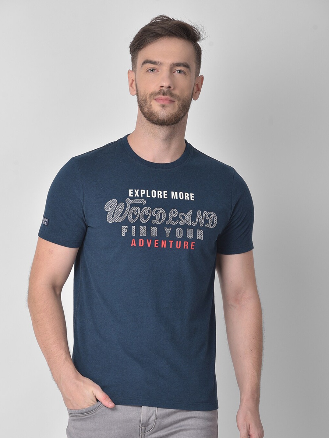 

Woodland Men Blue Typography Printed T-shirt