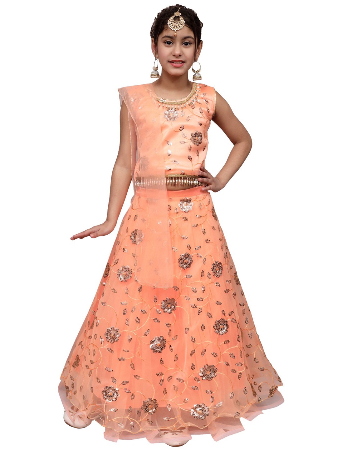 

SKY HEIGHTS Girls Peach-Colured Ready to Wear Lehenga & Blouse With Dupatta