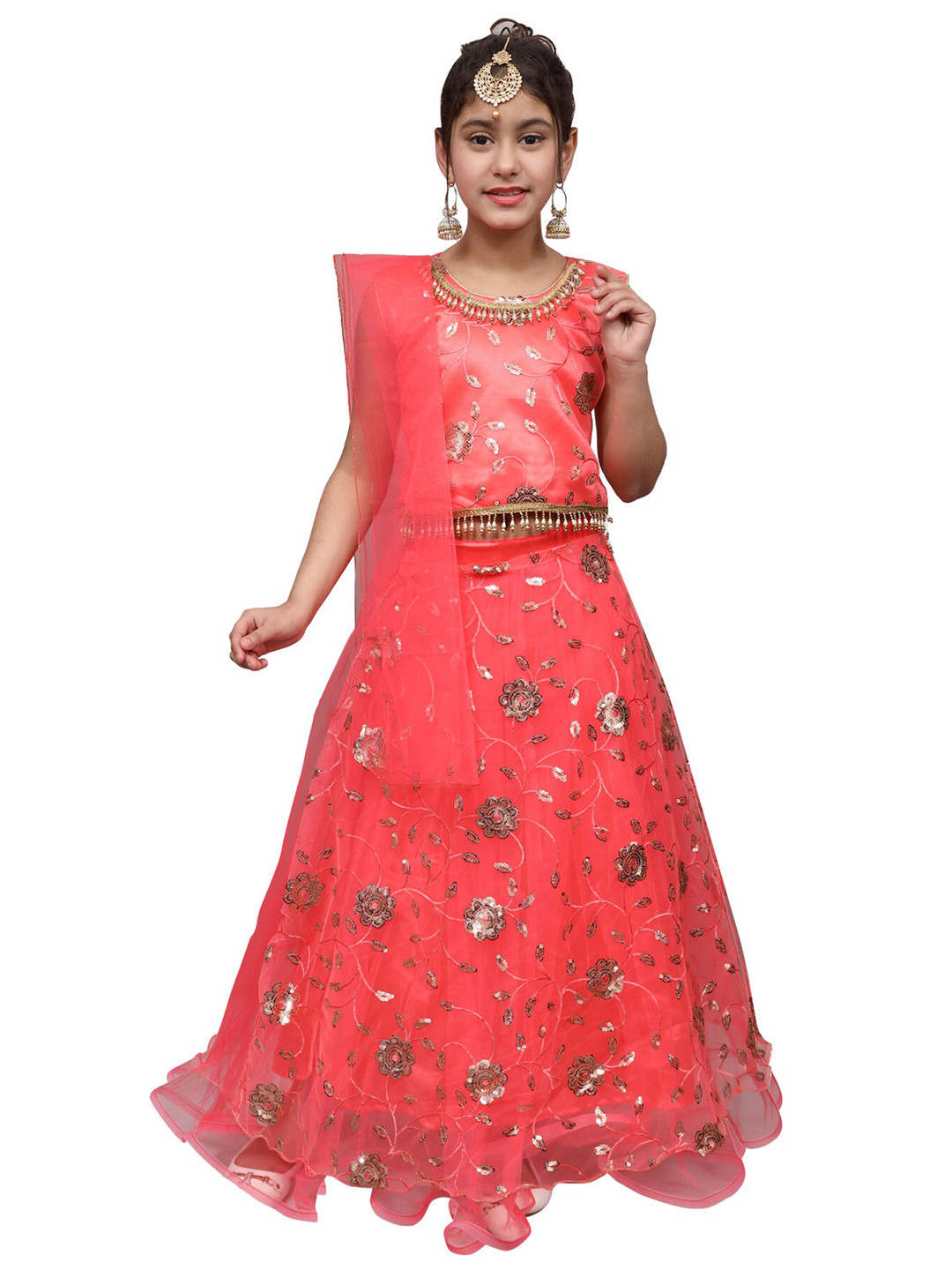 

SKY HEIGHTS Girls Orange Embroidered Ready to Wear Lehenga & Blouse With Dupatta
