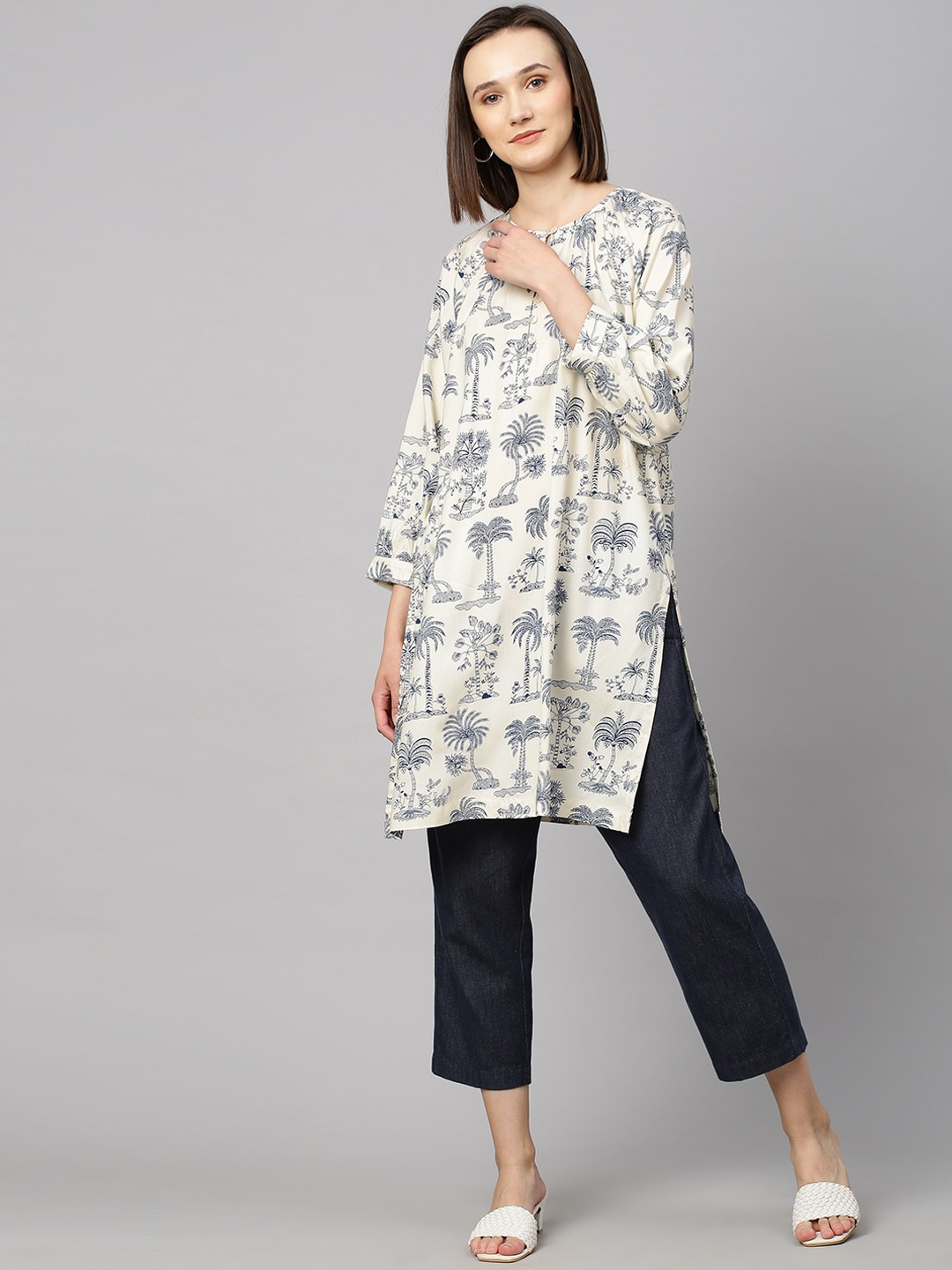

Modern Indian by CHEMISTRY Women Off White Printed Gathered Kurti with Denim Trousers
