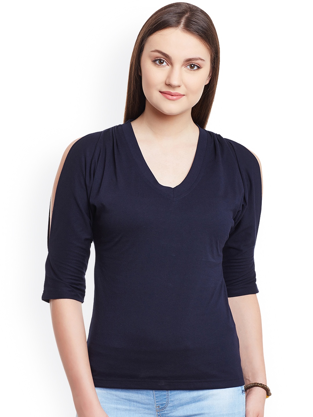 

Hypernation Women Navy Solid Cold Shoulder Top, Navy blue