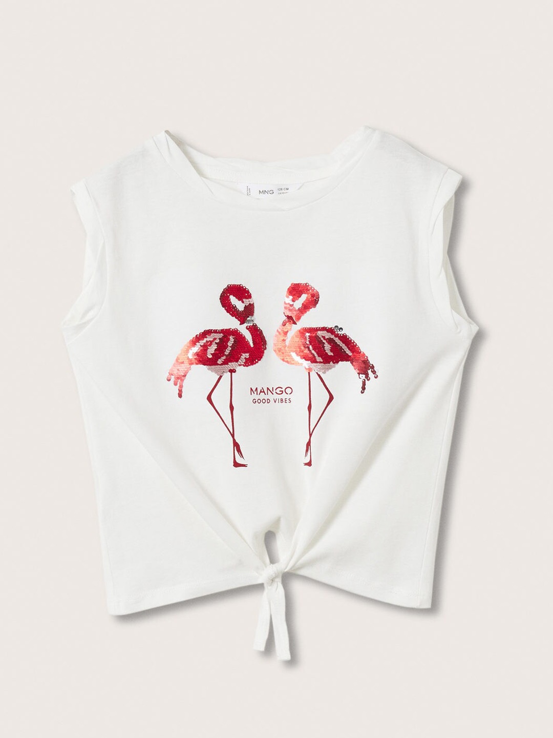

Mango Kids Girls White & Maroon Flamingo Sequinned Tie-Up Pure Cotton Top