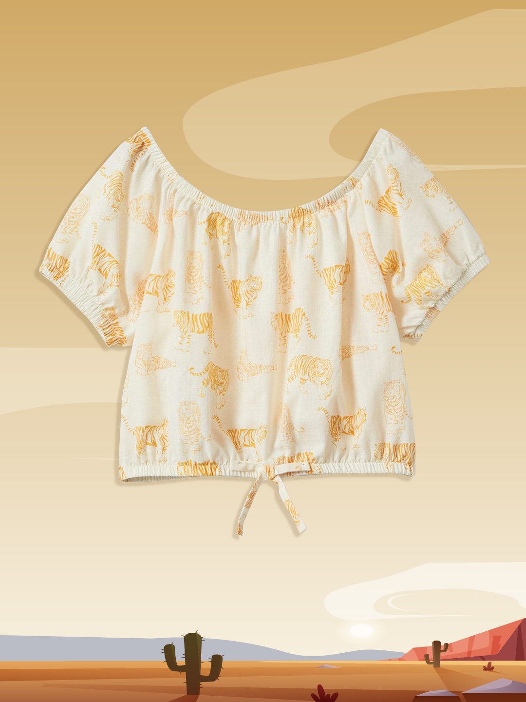 

Mango Kids Girls Cream-Coloured & Mustard Yellow Conversational Print Cotton Blouson Top