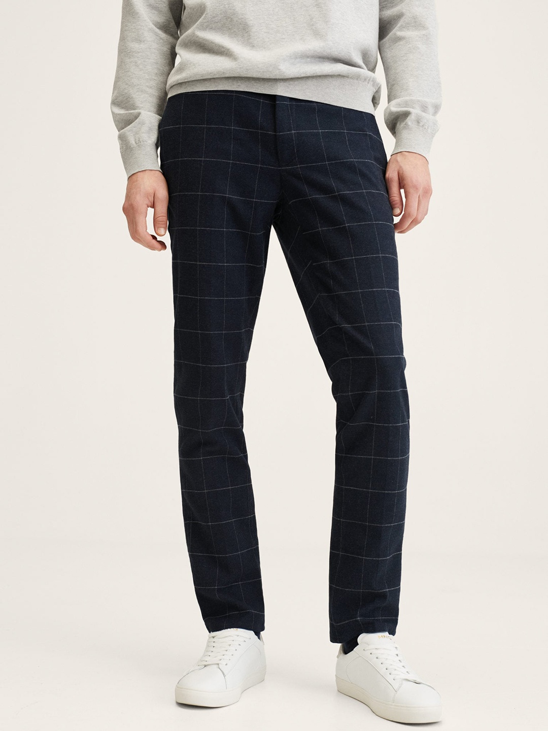 

MANGO MAN Navy Blue Checked Slim Fit Chinos Trousers