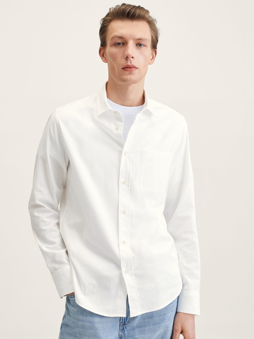 

MANGO MAN Off-White Pure Cotton Slim Fit Casual Shirt