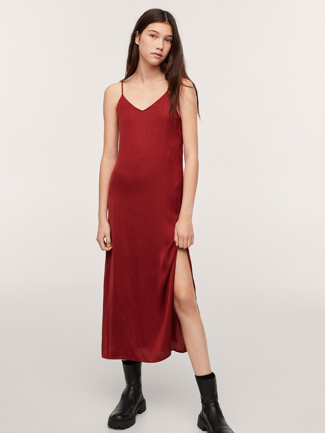 

Mango Kids Girls Rust Red Solid Midi A-Line Slip Dress with Side Slit