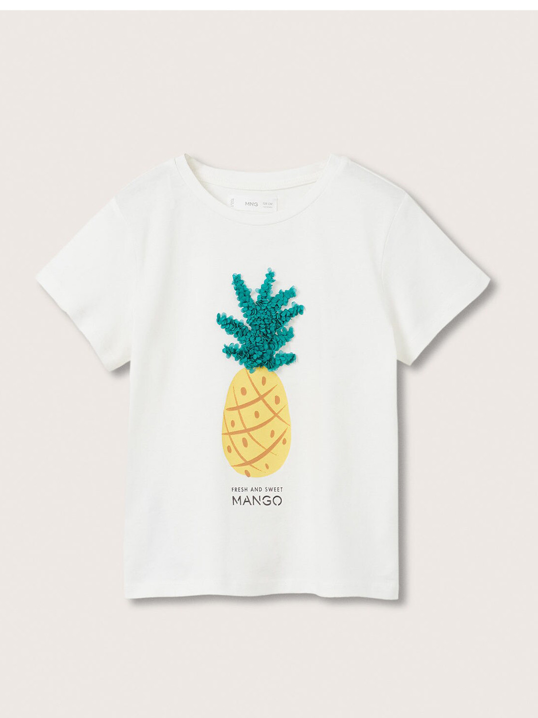 

Mango Kids Girls White & Yellow Tropical Print Pure Cotton Applique T-shirt