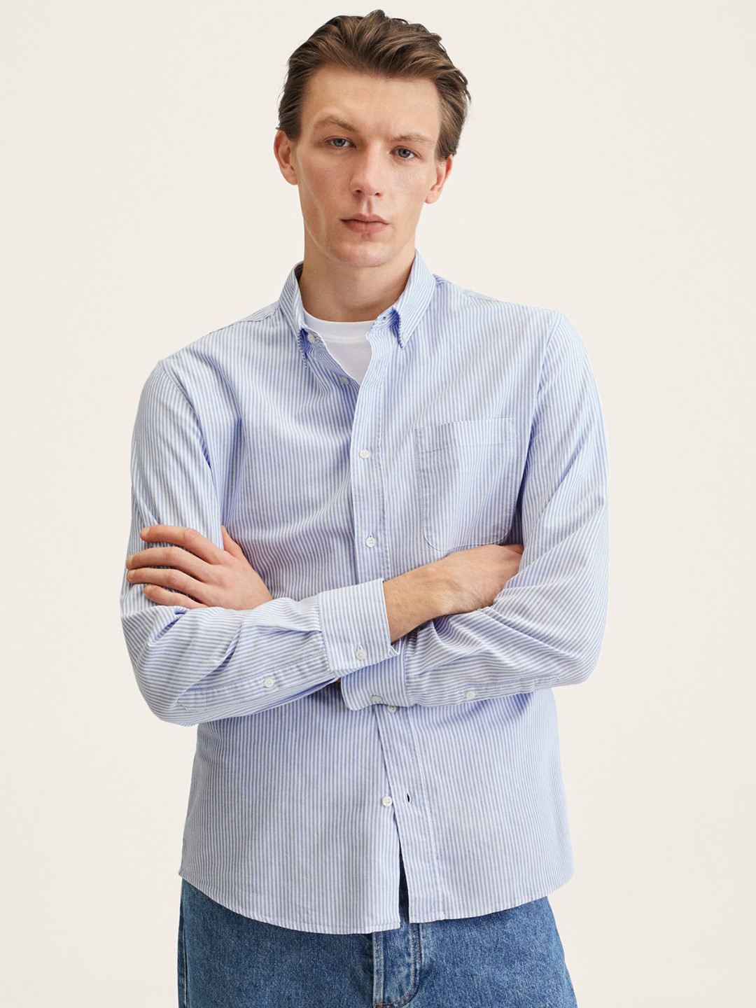 

MANGO MAN Blue & White Pure Cotton Striped Casual Shirt