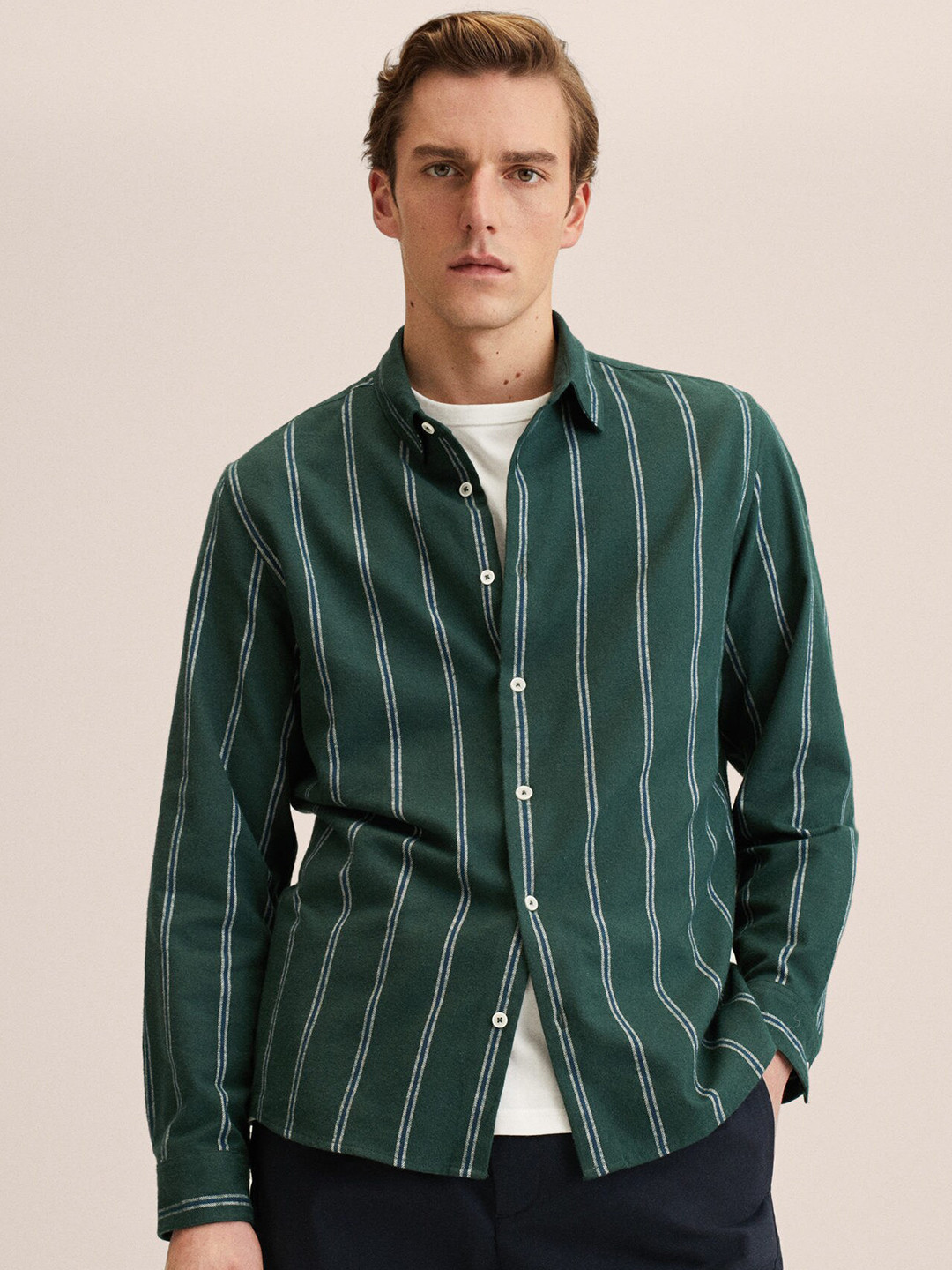 

MANGO MAN Green Striped Pure Cotton Casual Shirt