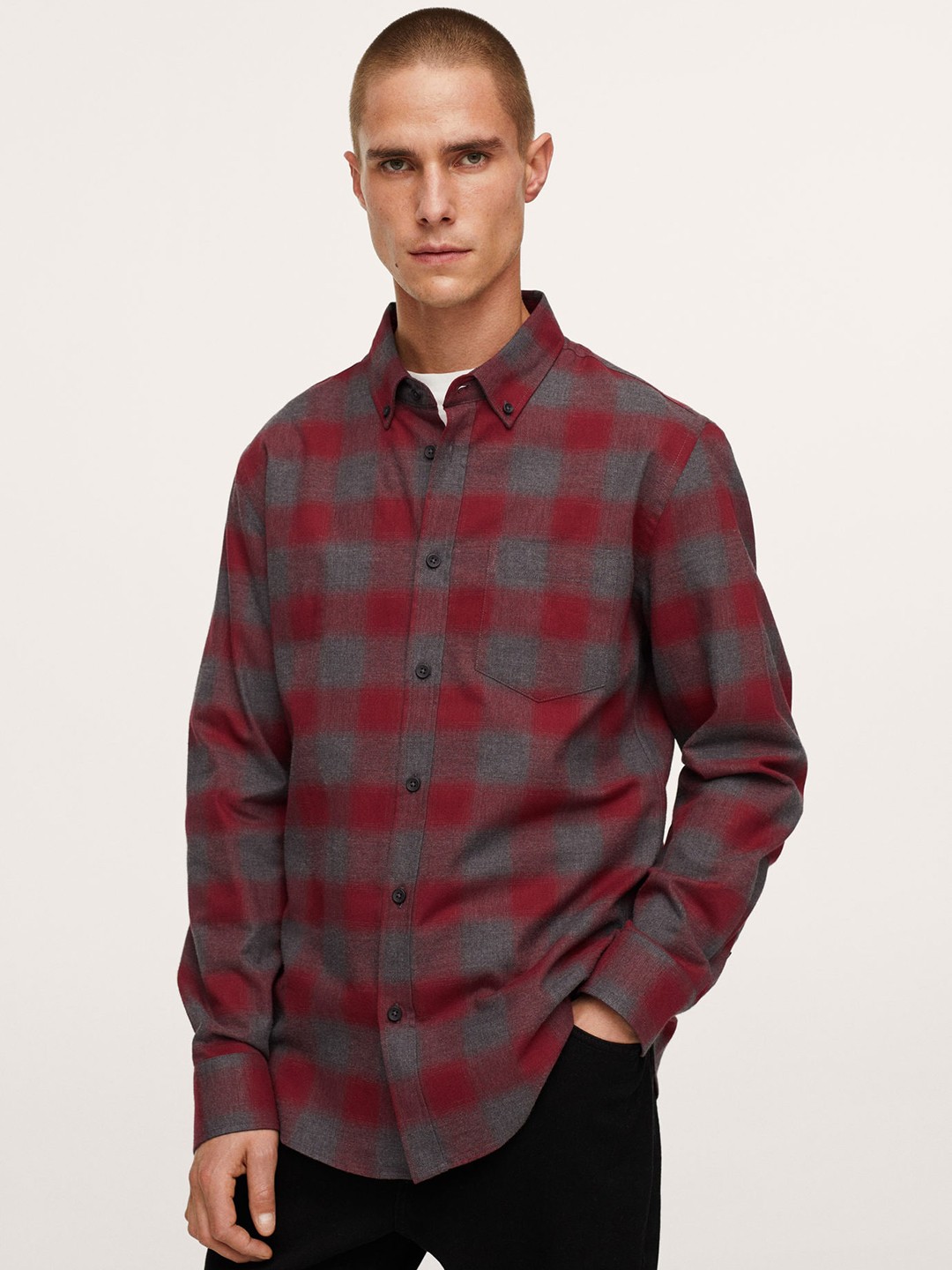 

MANGO MAN Men Red Slim Fit Pure Cotton Buffalo Checked Casual Shirt