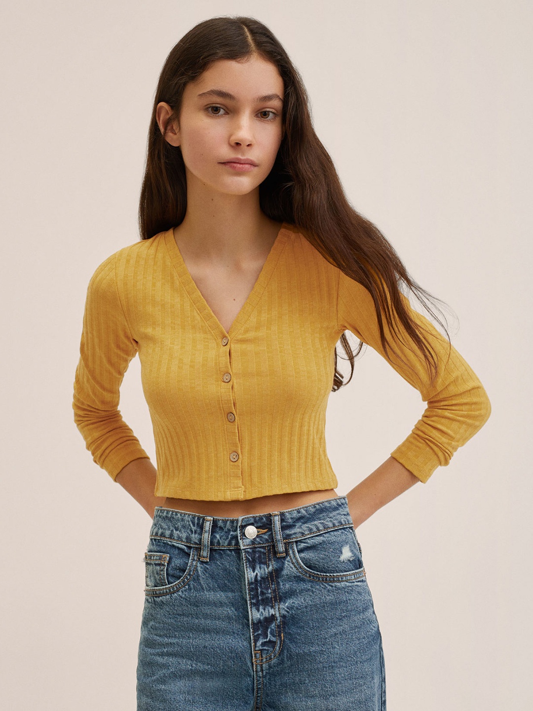 

Mango Kids Girls Mustard Yellow Ribbed Crop Top