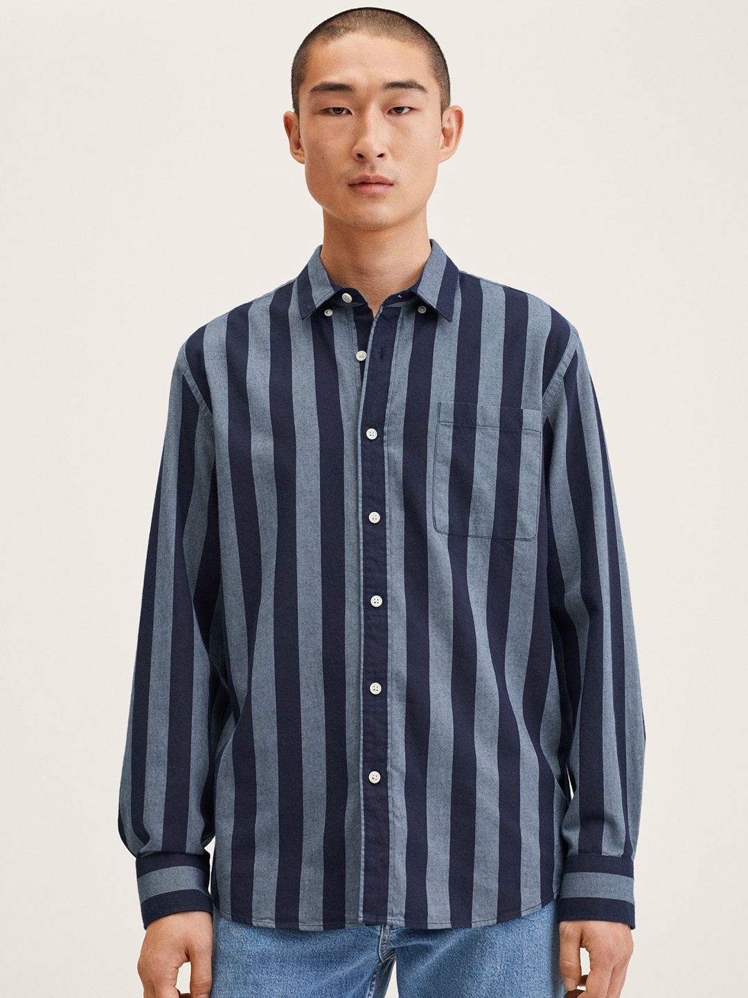 

MANGO MAN Navy Blue Pure Cotton Striped Casual Shirt