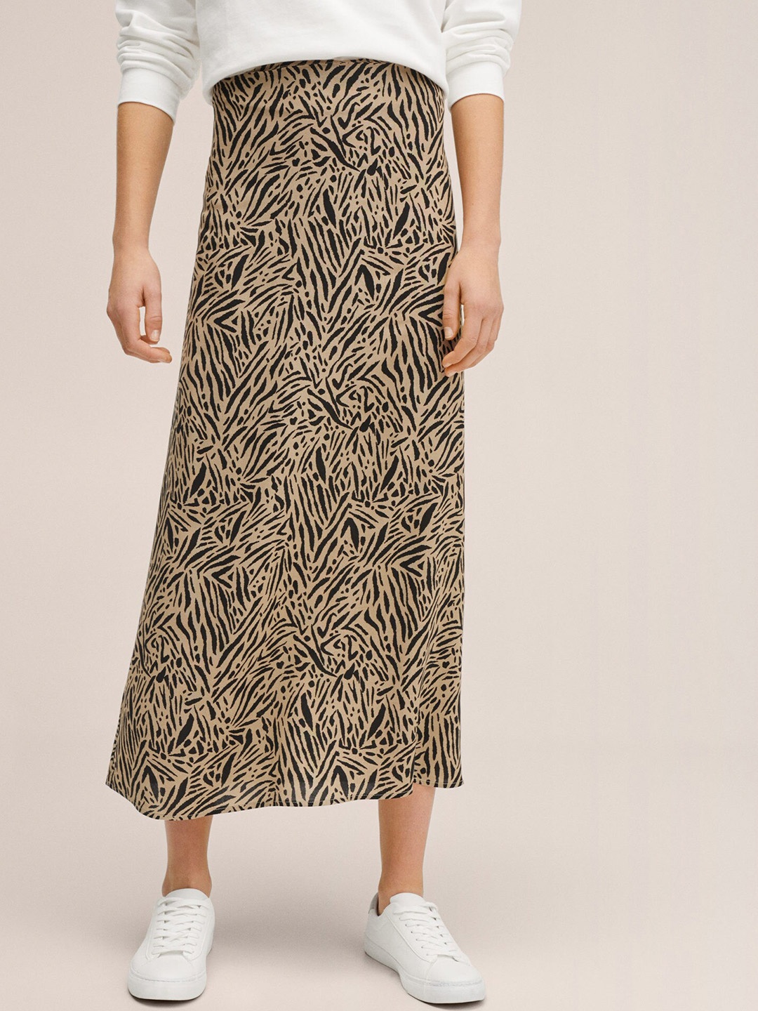 

Mango Kids Girls Beige & Black Printed Midi A-Line Skirt