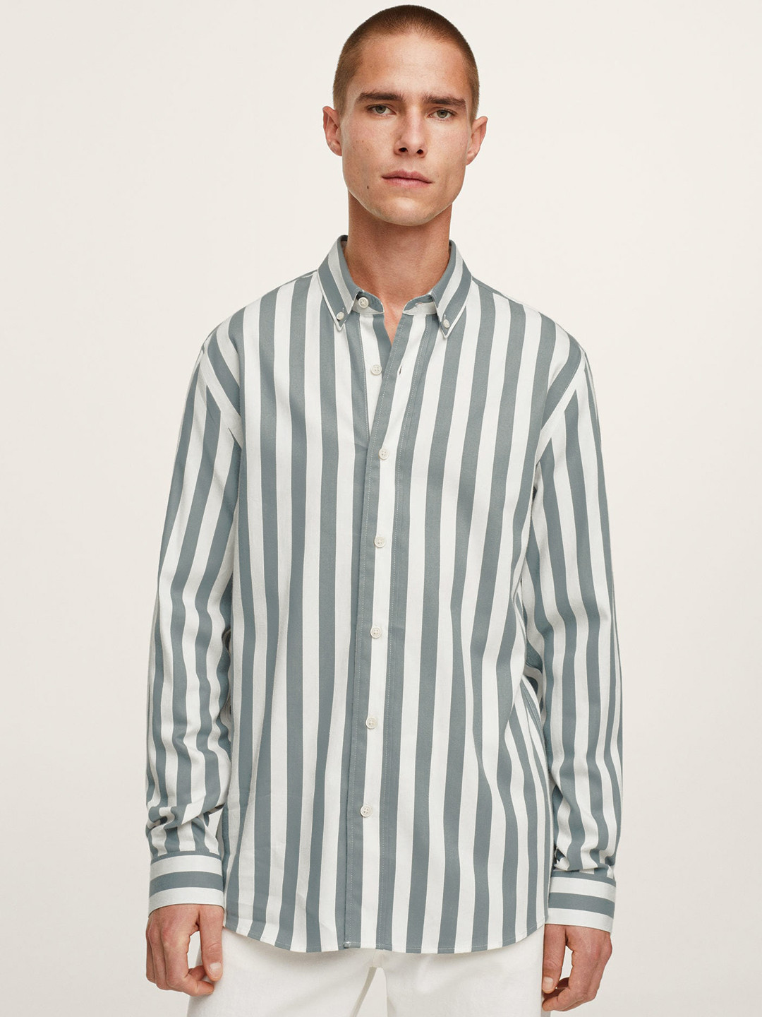 

MANGO MAN Green Striped Pure Cotton Casual Shirt