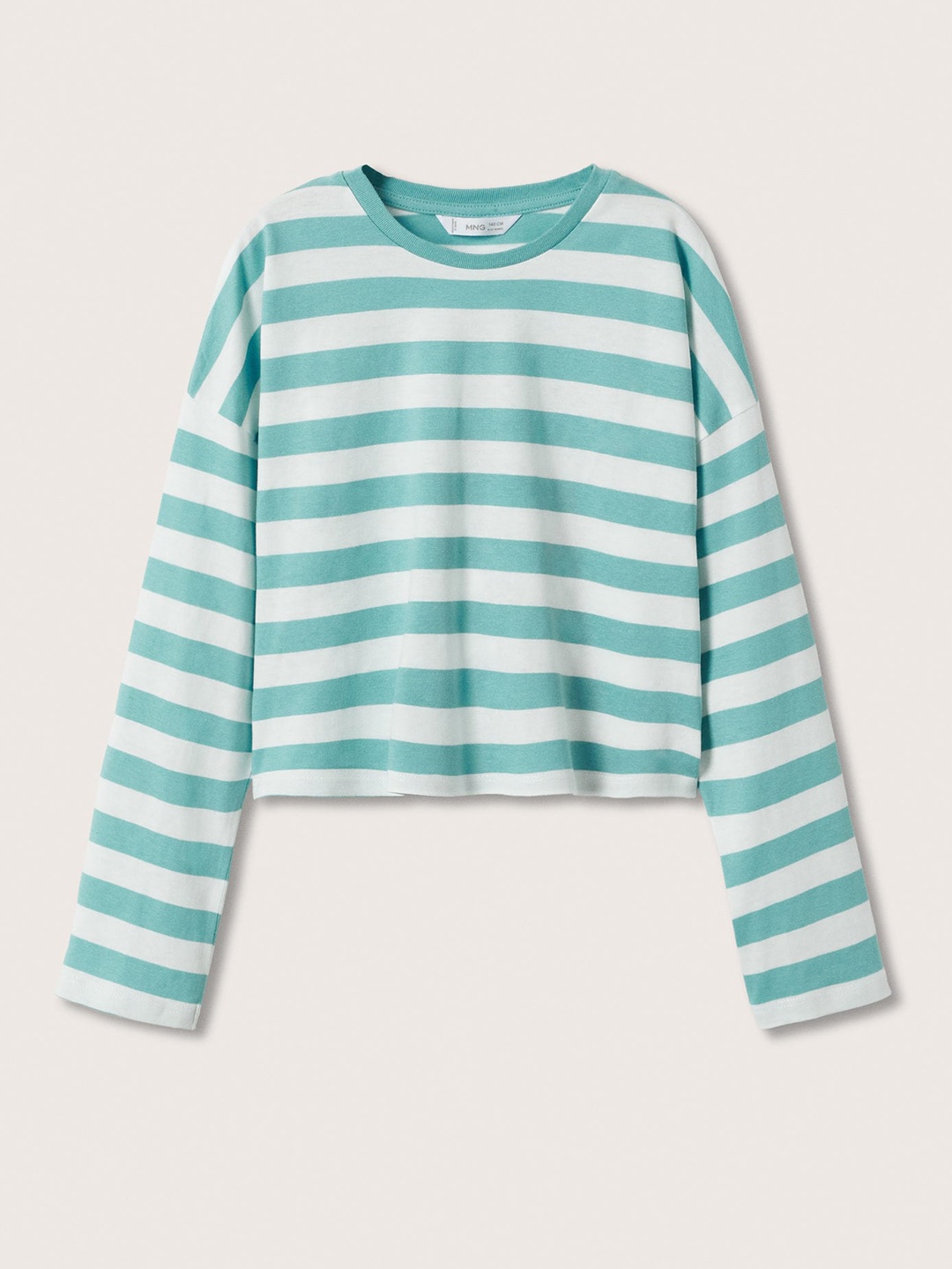 

Mango Kids Girls White & Green Striped Drop-Shoulder Sleeves Pure Cotton T-shirt