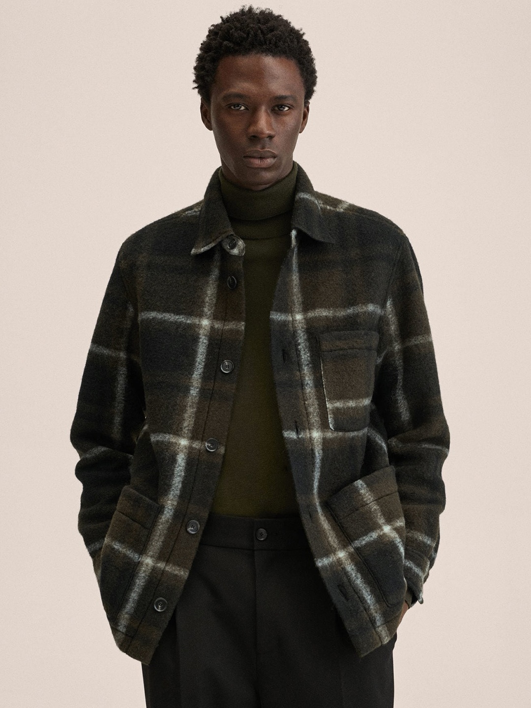 

MANGO MAN Olive Green & Black Checked Shacket