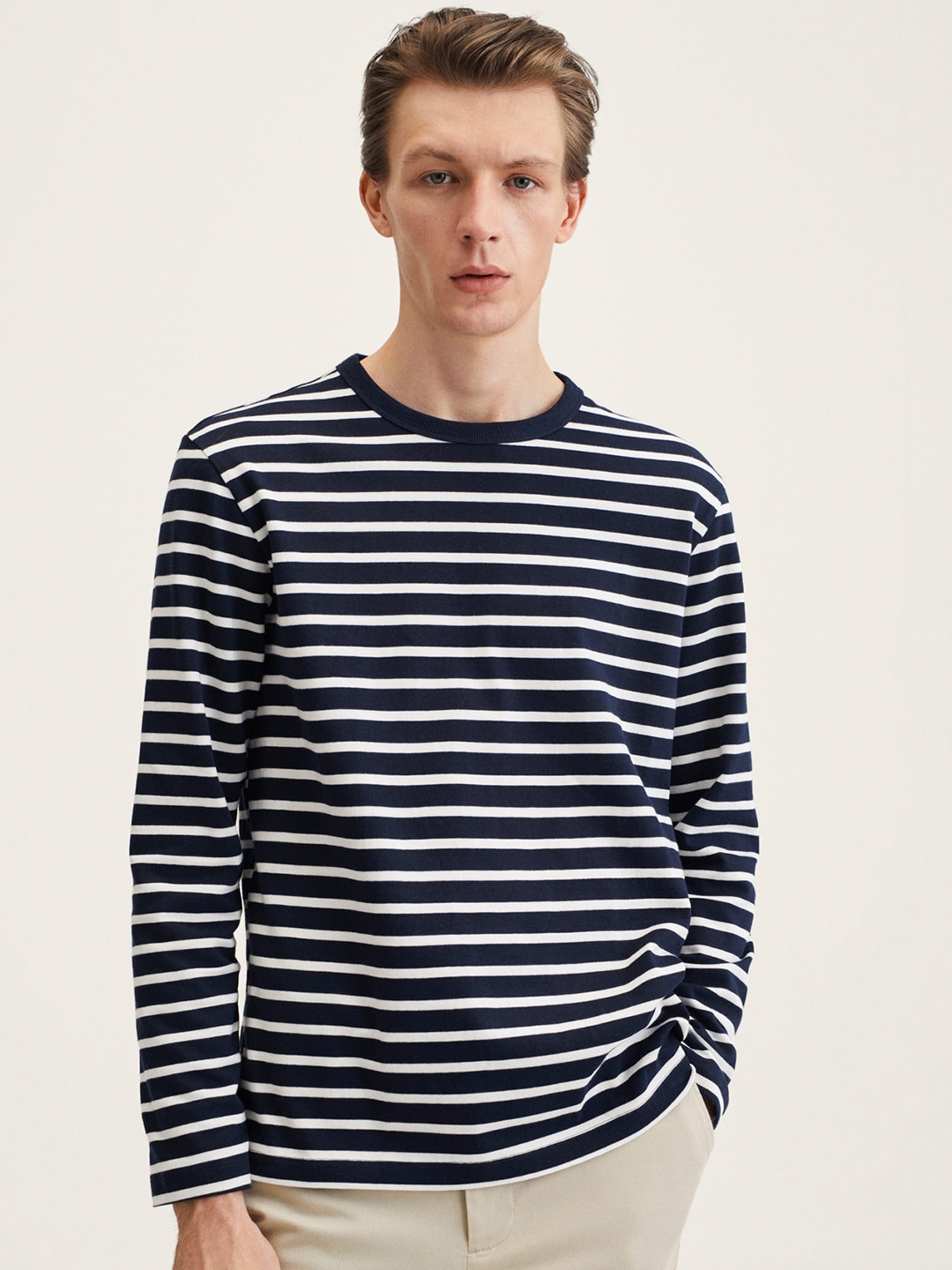 

MANGO MAN Navy Blue & White Striped Pure Cotton T-shirt