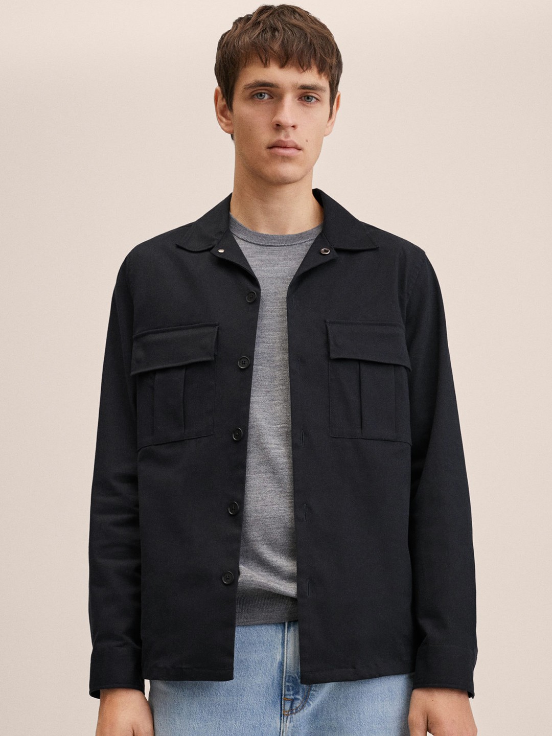 

MANGO MAN Navy Blue Solid Shacket