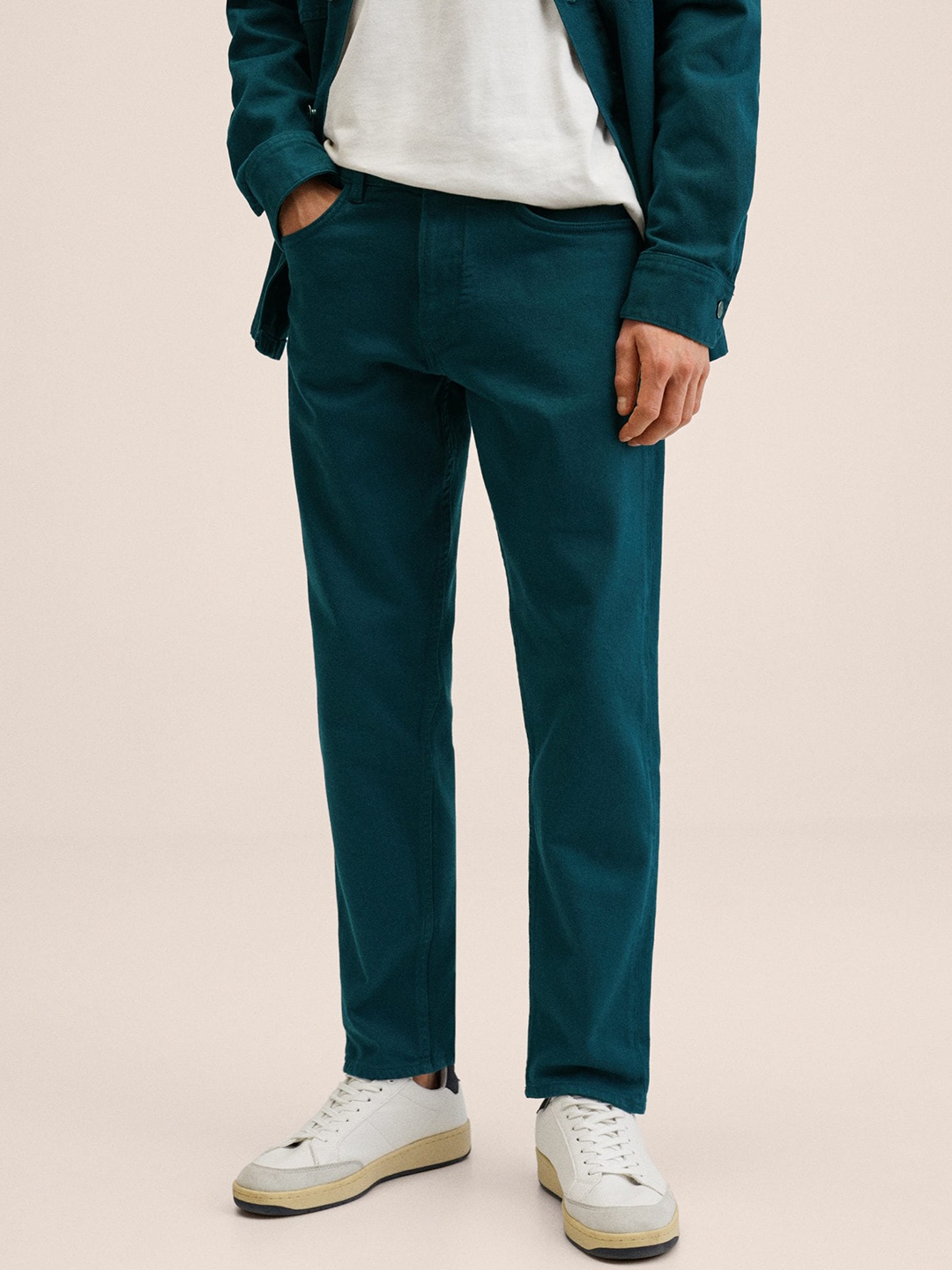 

MANGO MAN Teal Green Tapered Fit Stretchable Jeans