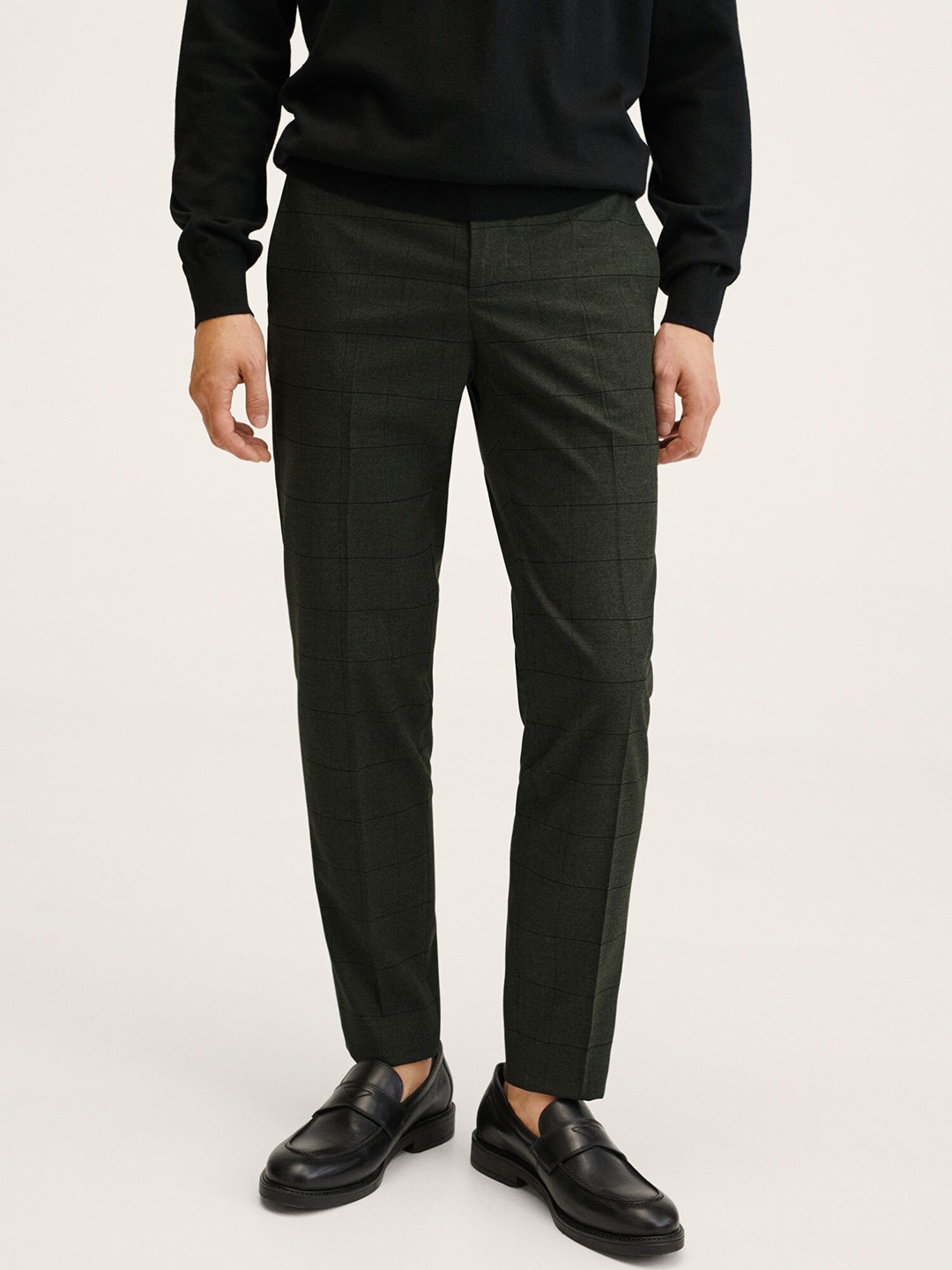 

MANGO MAN Olive Green Checked Tailored Slim Fit Trousers