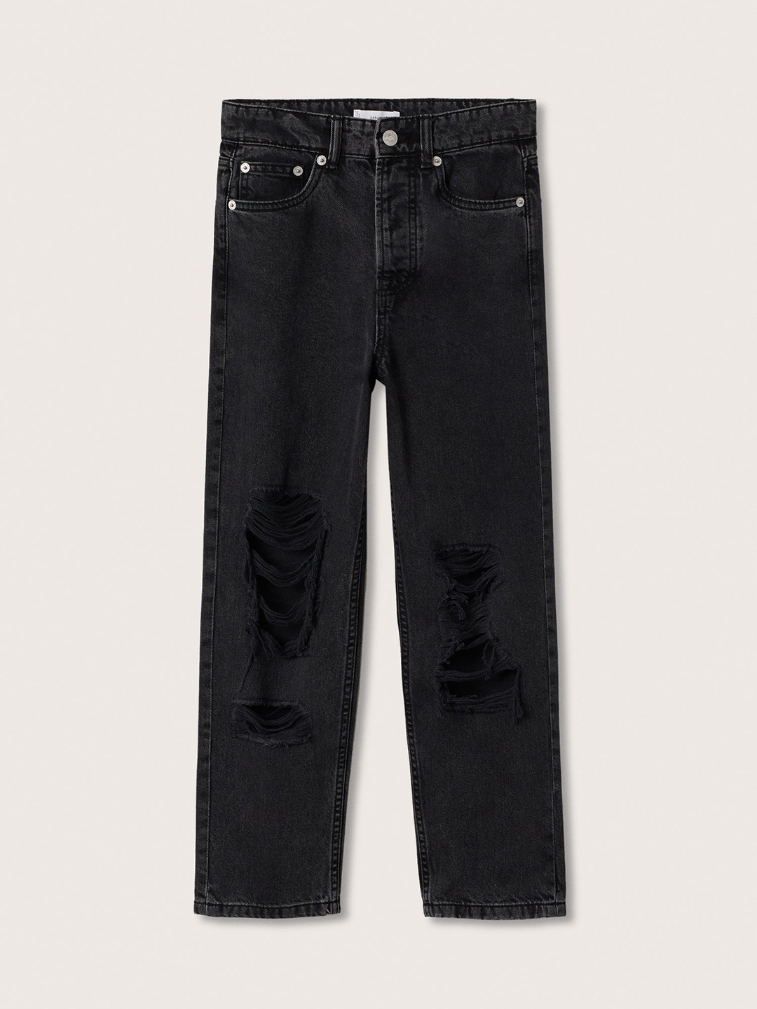 

Mango Kids Girls Black Solid Straight Fit Cotton Highly Distressed Crop Jeans