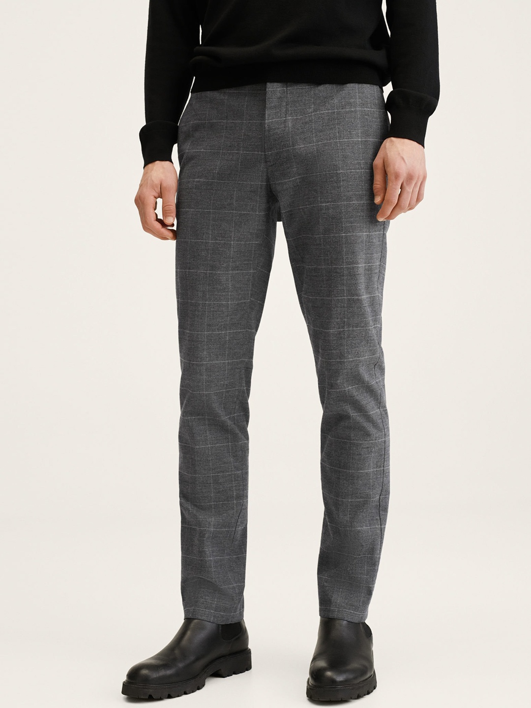 

MANGO MAN Charcoal Grey Checked Slim Fit Chinos