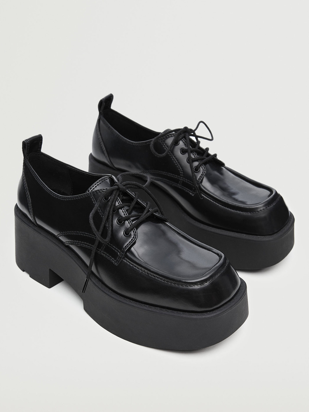 

MANGO Women Black Solid Glossy Finish Platform Heeled Shoes