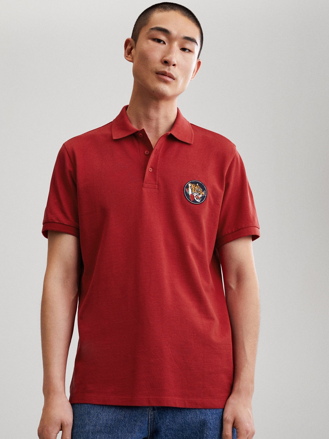 

MANGO MAN Men Red Polo Collar Pure Cotton Applique T-shirt