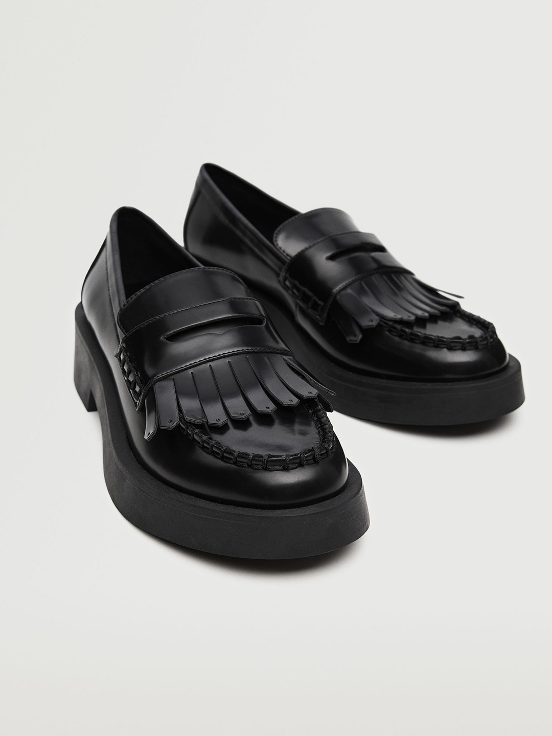 

MANGO Women Black Solid Fringed & Perforated Heeled Penny Loafers