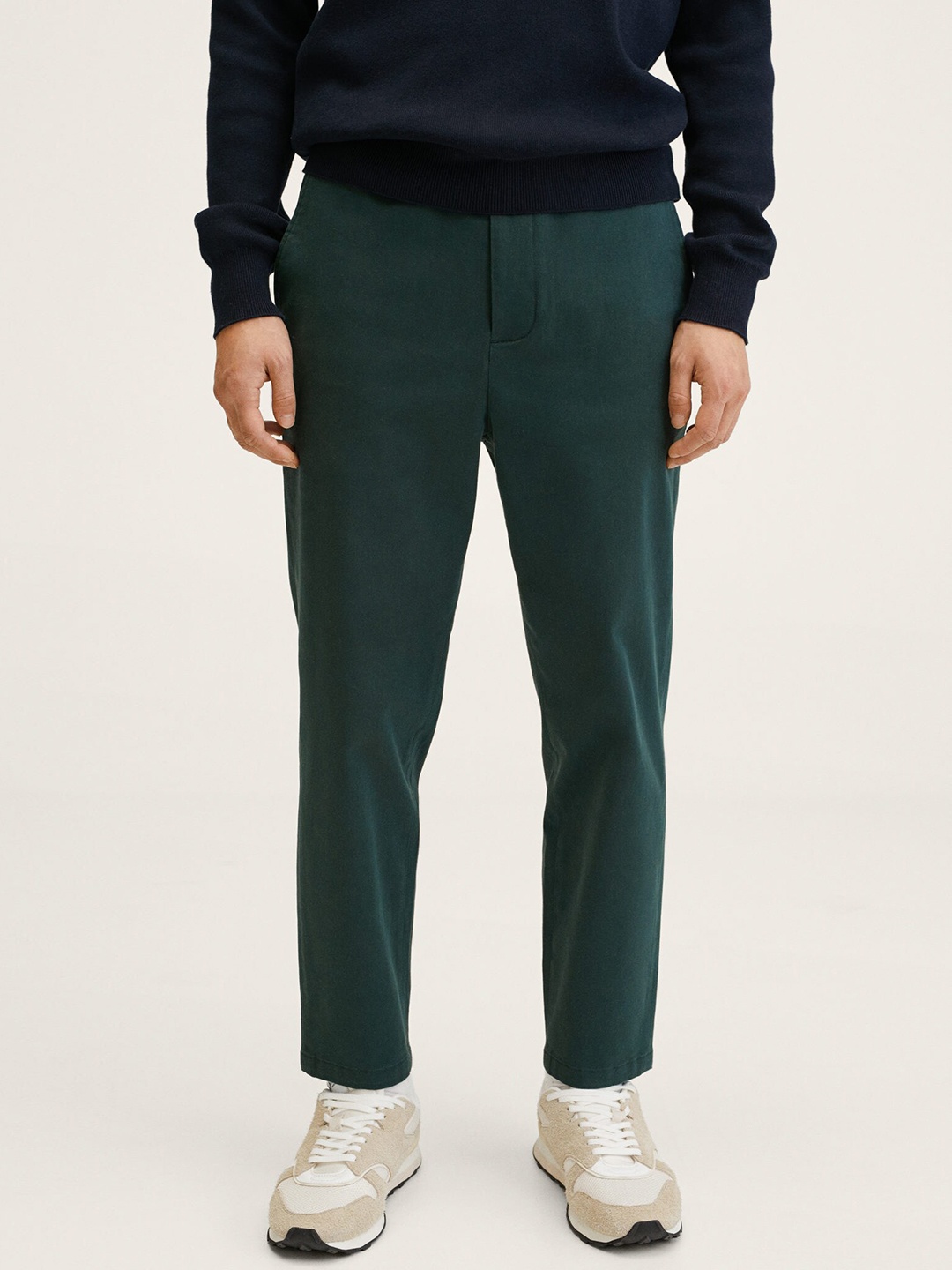 

MANGO MAN Teal Green Tapered Fit Solid Trousers